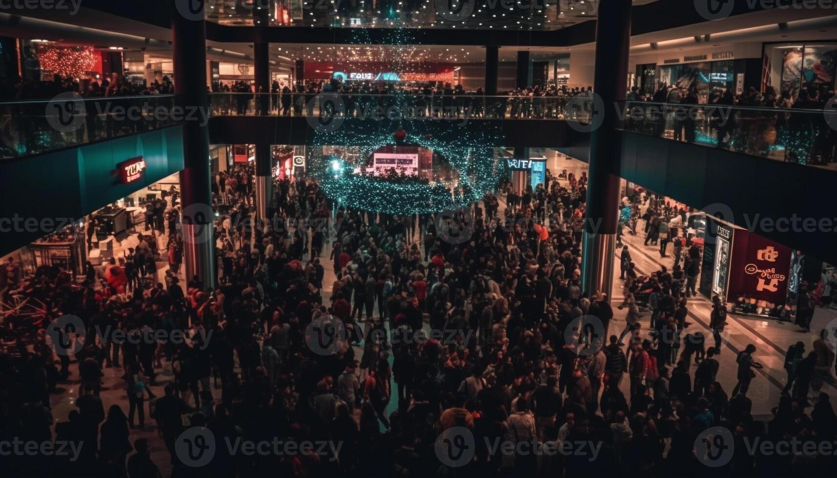 Crowded nightlife in illuminated city, people walking generated by AI photo