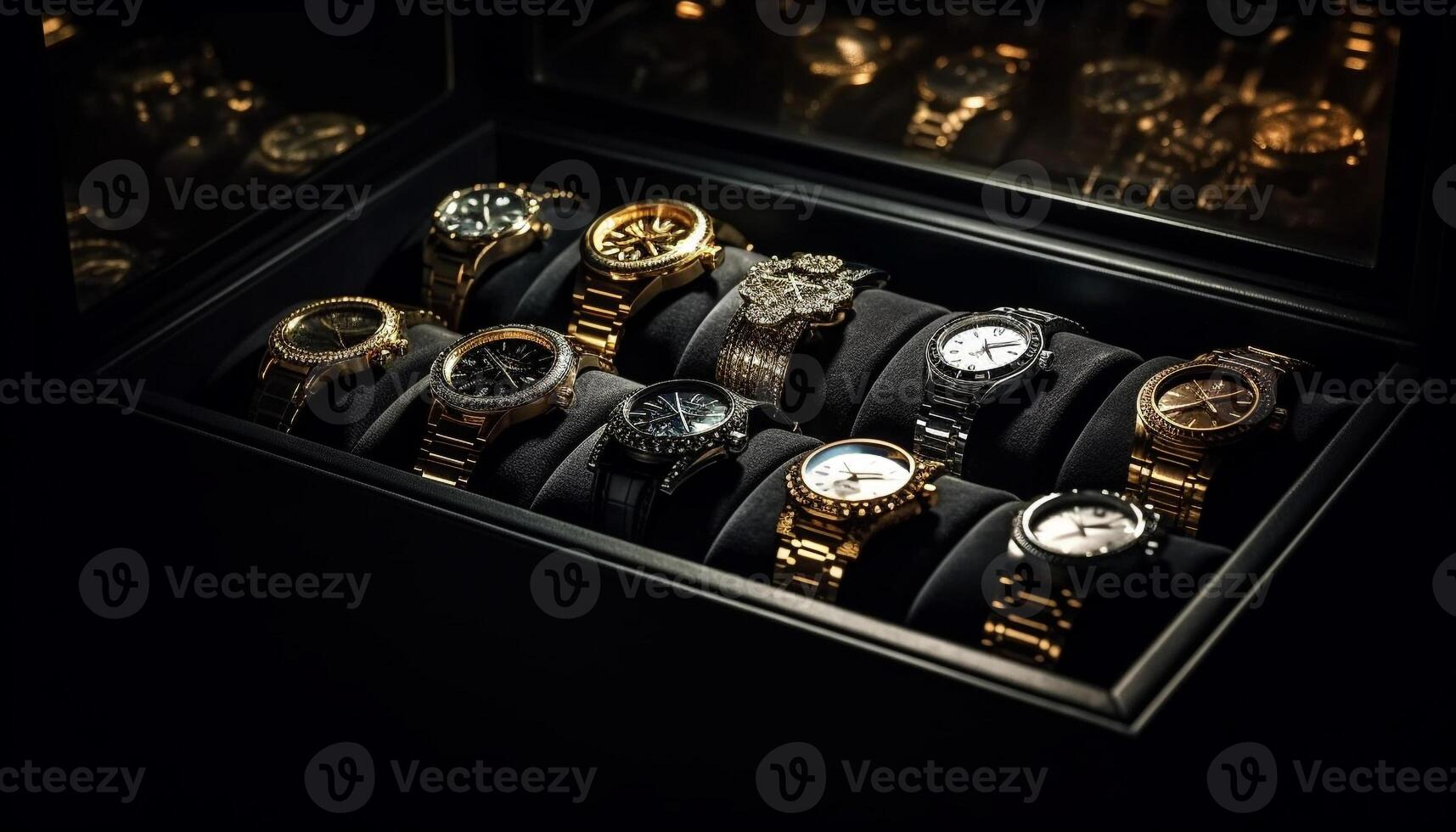 Shiny gold wristwatch with leather strap and gems generated by AI photo