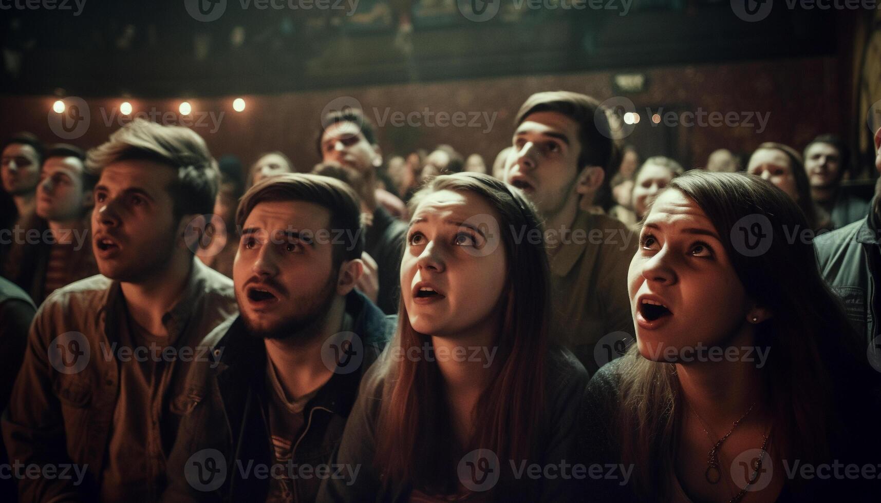 Young adults enjoy popular music concert indoors generated by AI photo