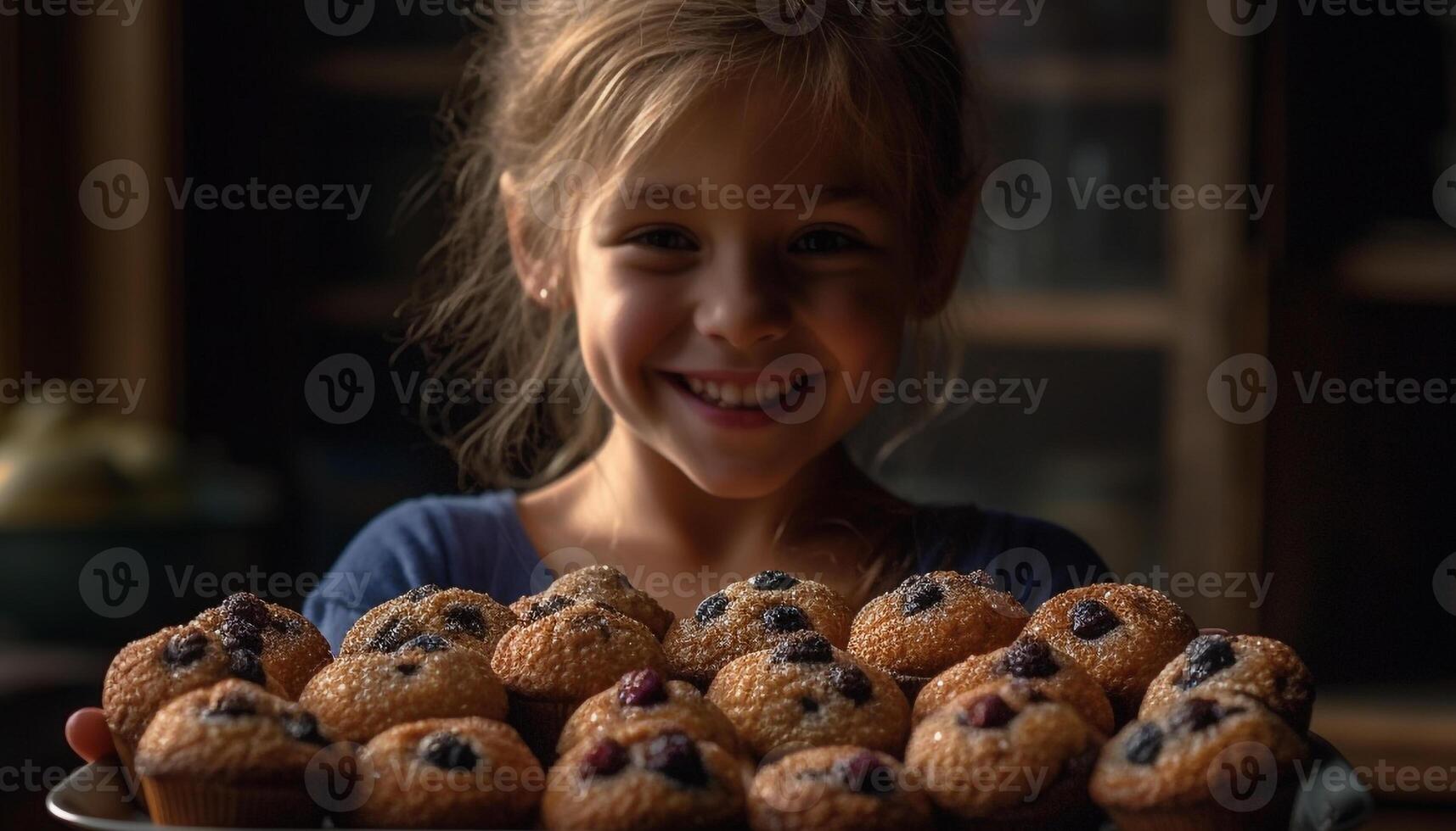 Cute Caucasian girl enjoying homemade chocolate muffin snack generated by AI photo