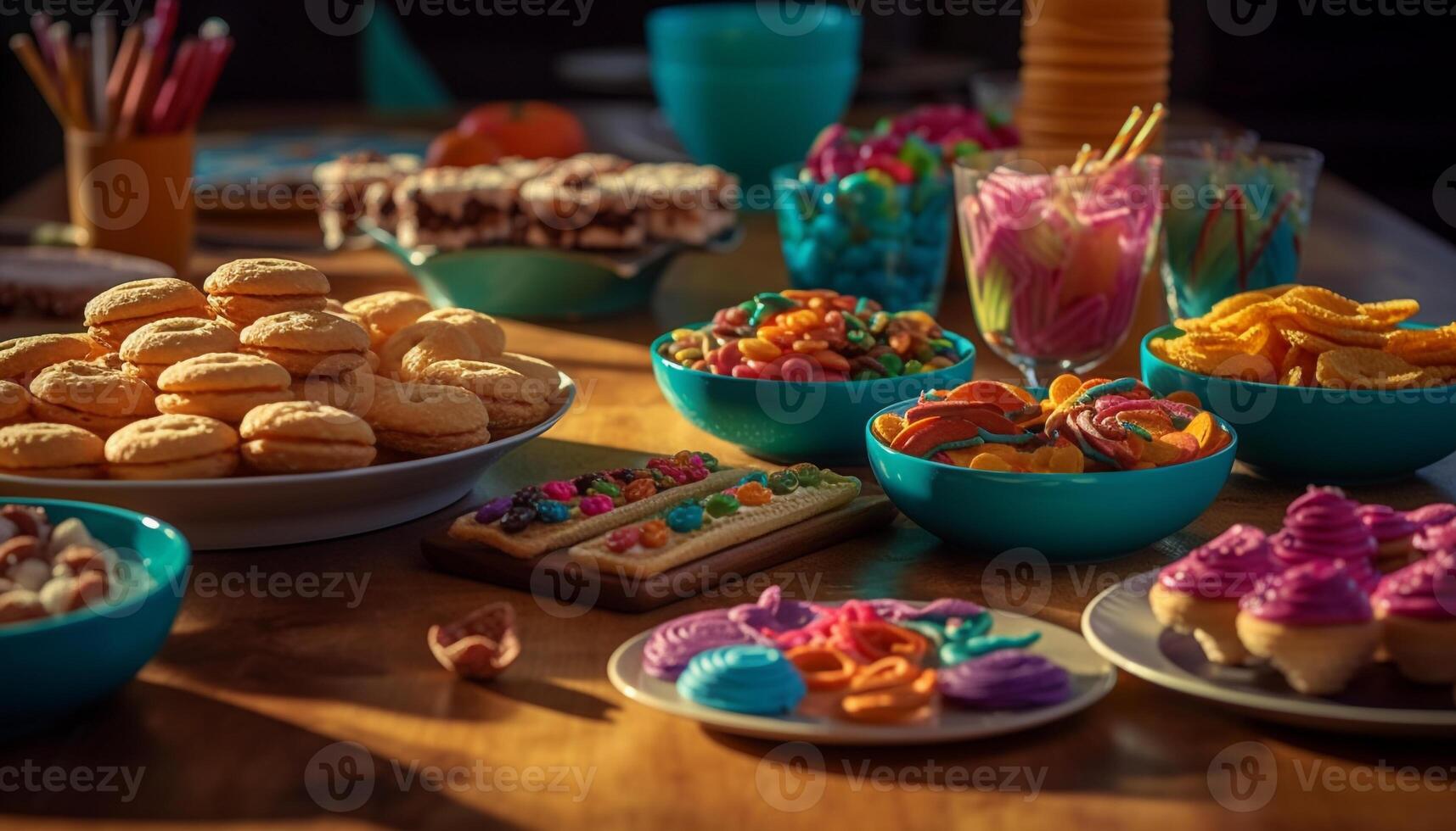 Homemade gourmet cookies, candy, and muffins galore generated by AI photo