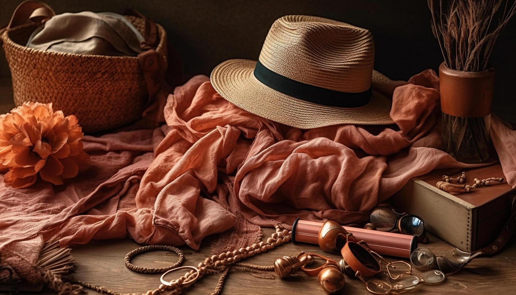 Straw hat on rustic table, homemade elegance generated by AI photo