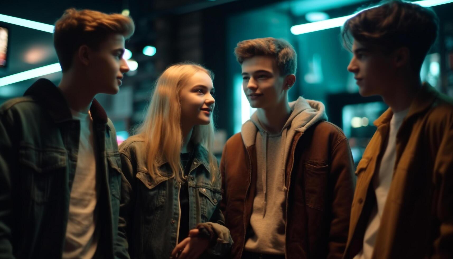 joven adultos caminando, sonriente, disfrutando ciudad la vida nocturna generado por ai foto