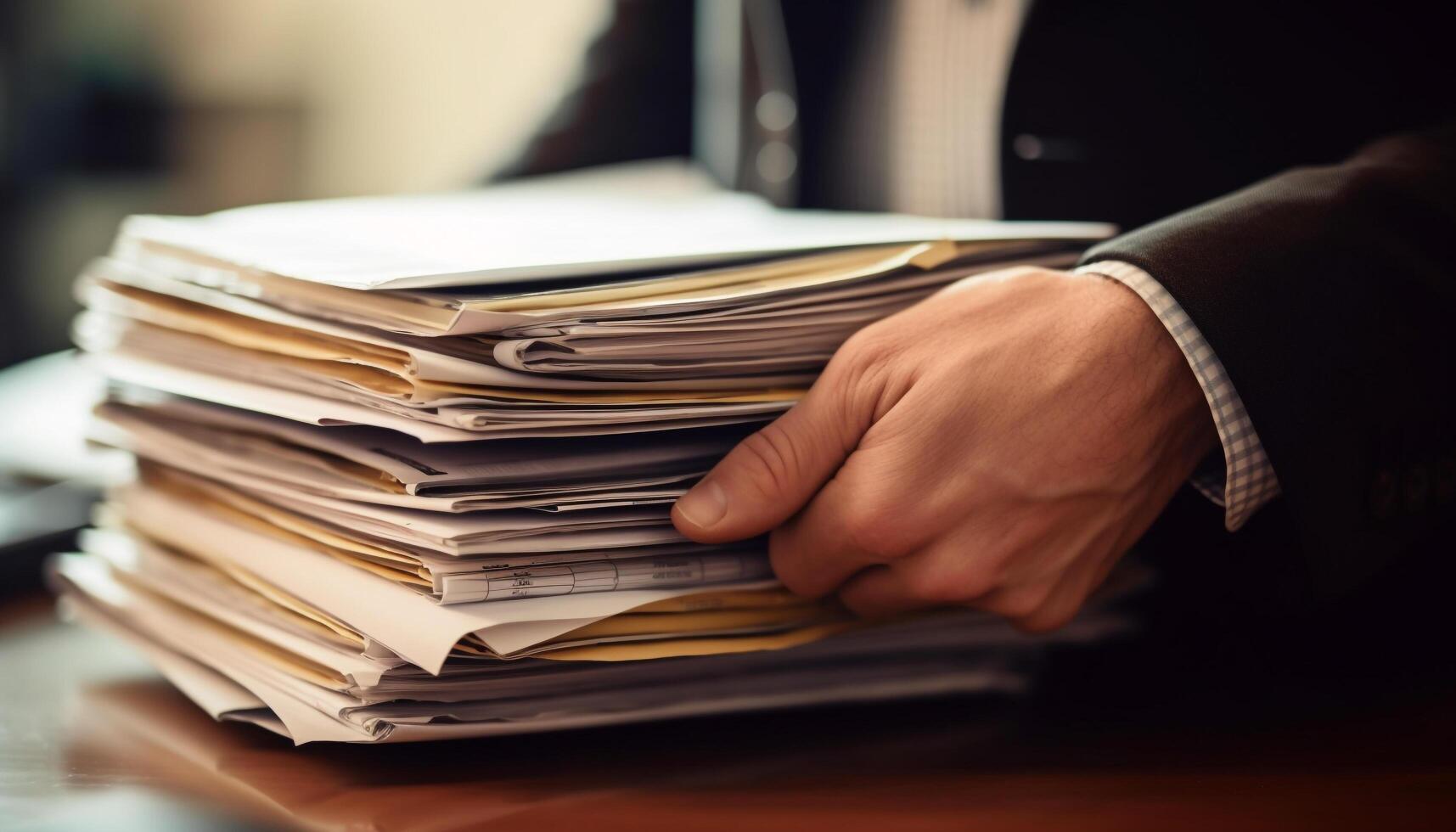 Overworked businessman buried in paperwork on desk heap generated by AI photo