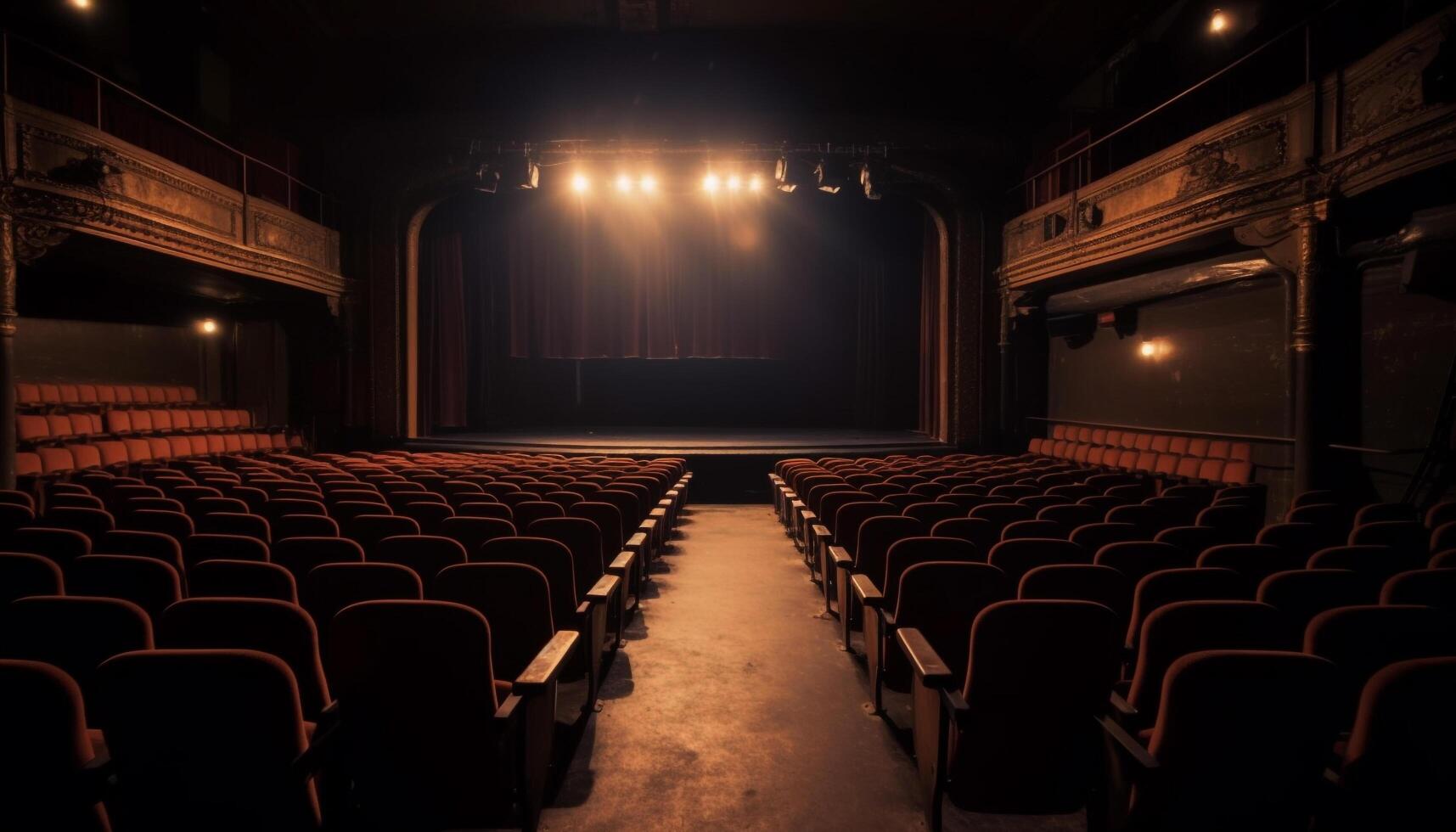 Empty auditorium, illuminated stage, comfortable velvet seats generated by AI photo