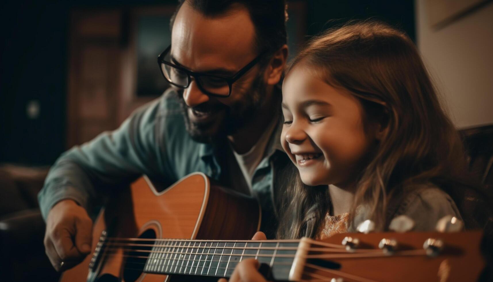 familia unión mediante música, jugando guitarra juntos generado por ai foto