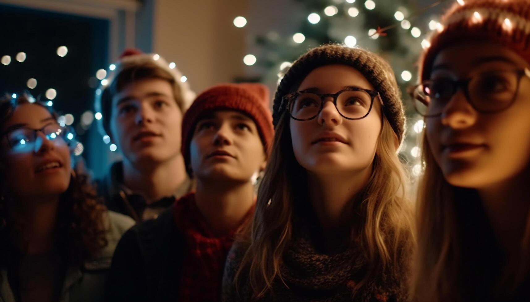 Young adults smiling, celebrating indoors with Christmas lights generated by AI photo