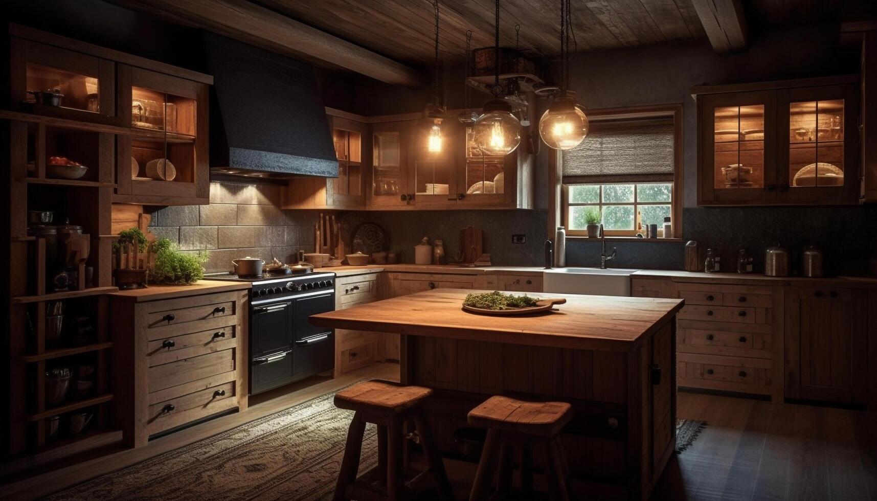 Modern kitchen design with rustic wood accents generated by AI photo