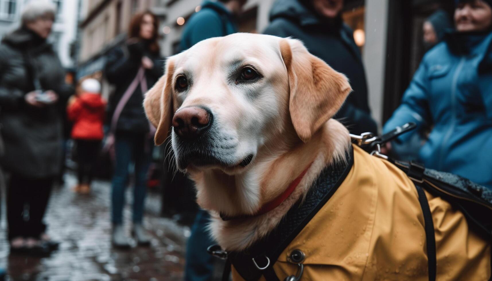 Wet retriever walking in autumn rain, happiness generated by AI photo