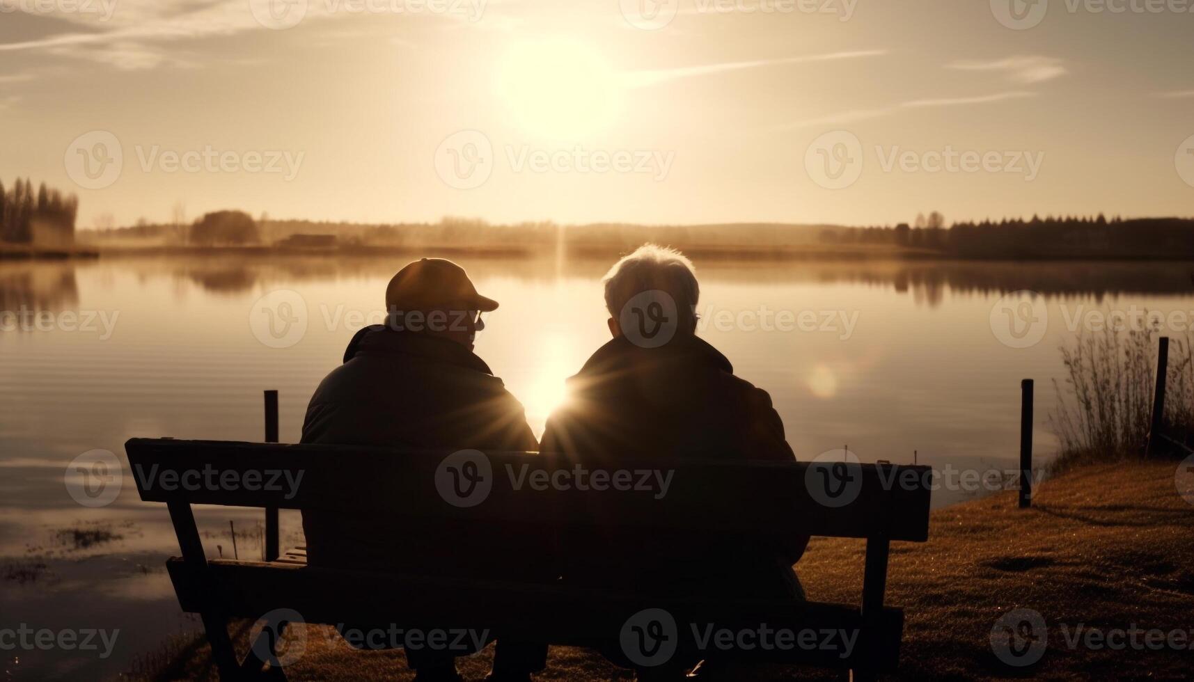 Senior couple embracing on tranquil sunset bench generated by AI photo