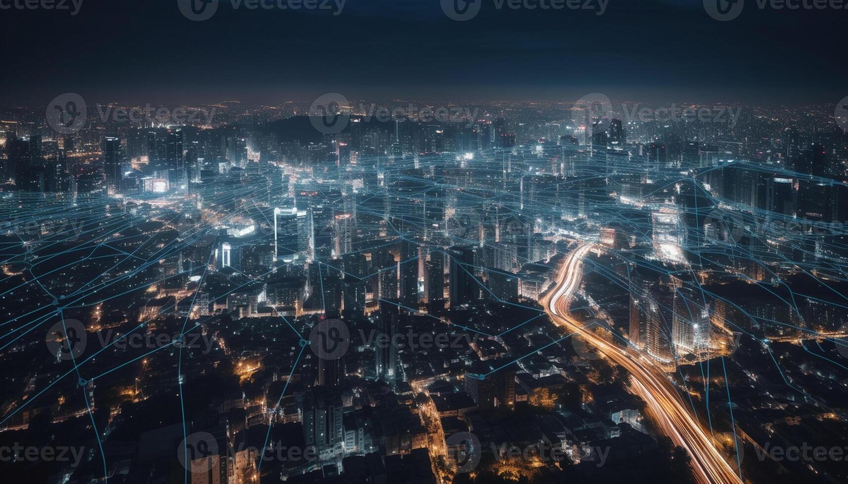 Glowing city skyline, illuminated by blue lights generated by AI photo