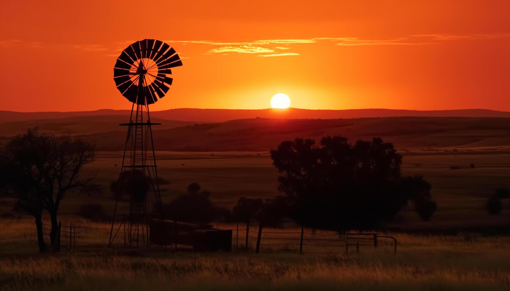 Wind turbines turning, powering rural farm land generated by AI photo