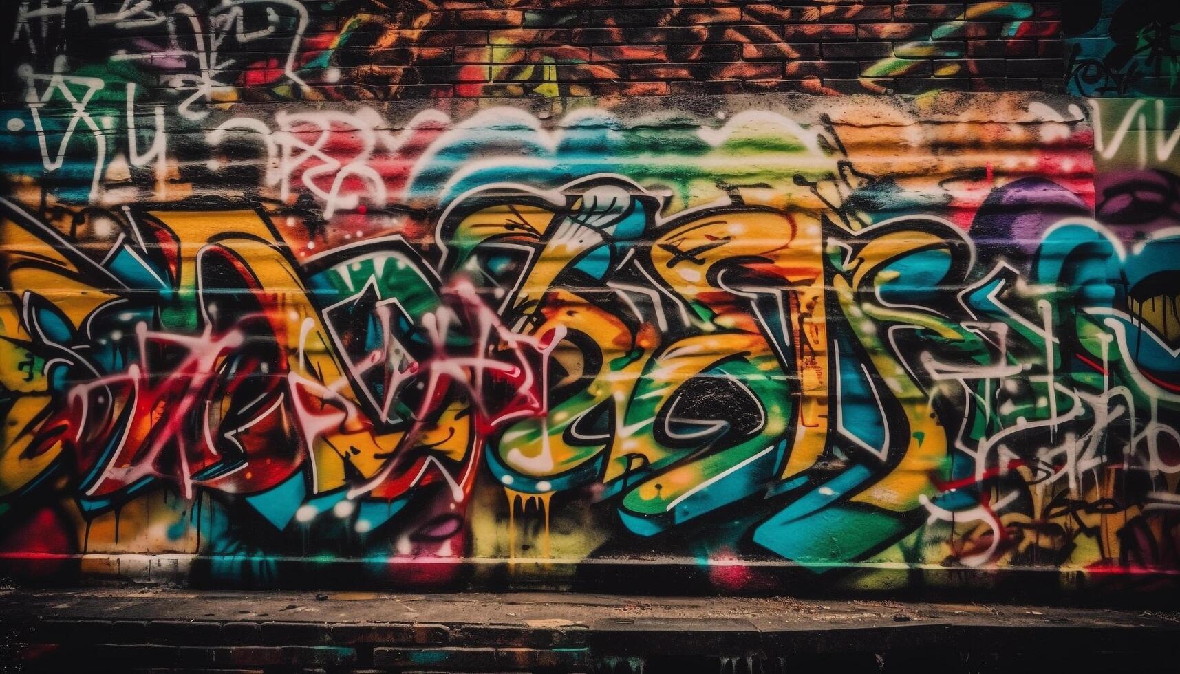 Vibrant graffiti mural illuminates dark city street generated by AI photo