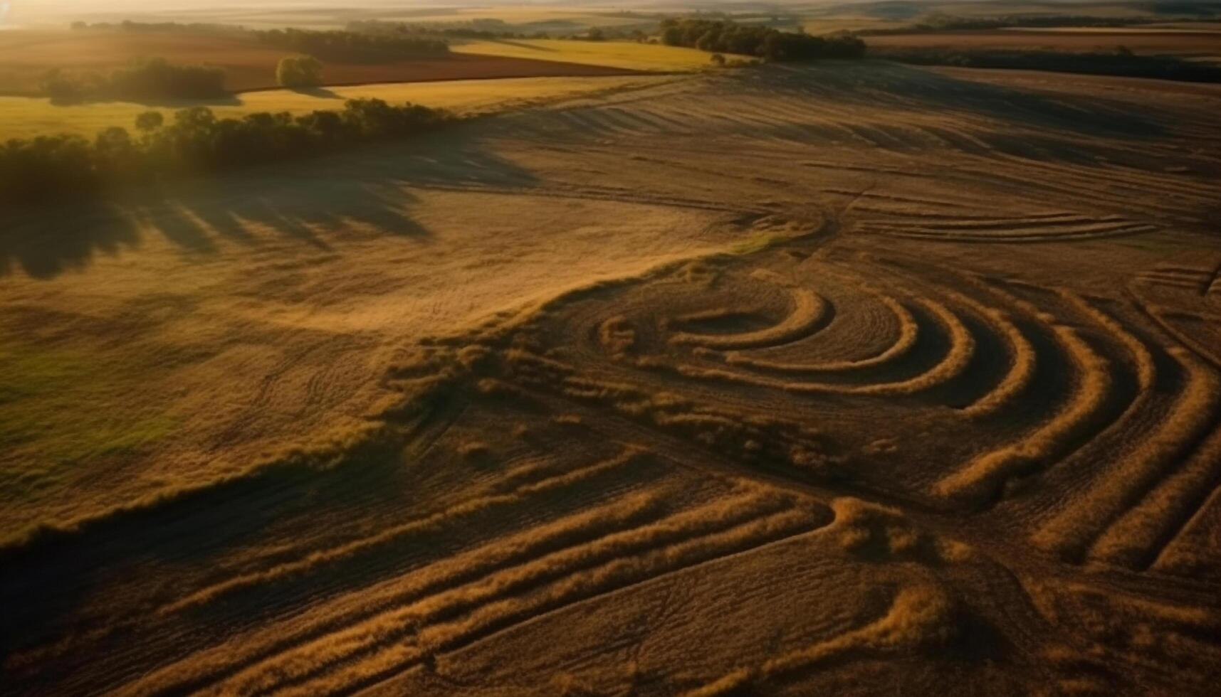 Sunset over rural farm, tranquil beauty in nature generated by AI photo