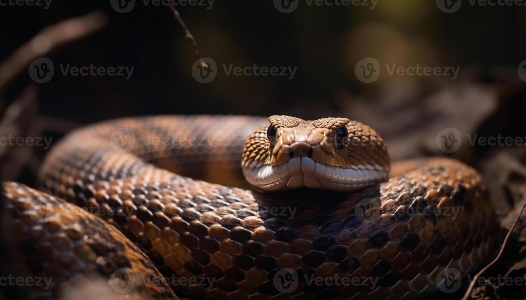 Poisonous viper slithers on branch in forest generated by AI photo