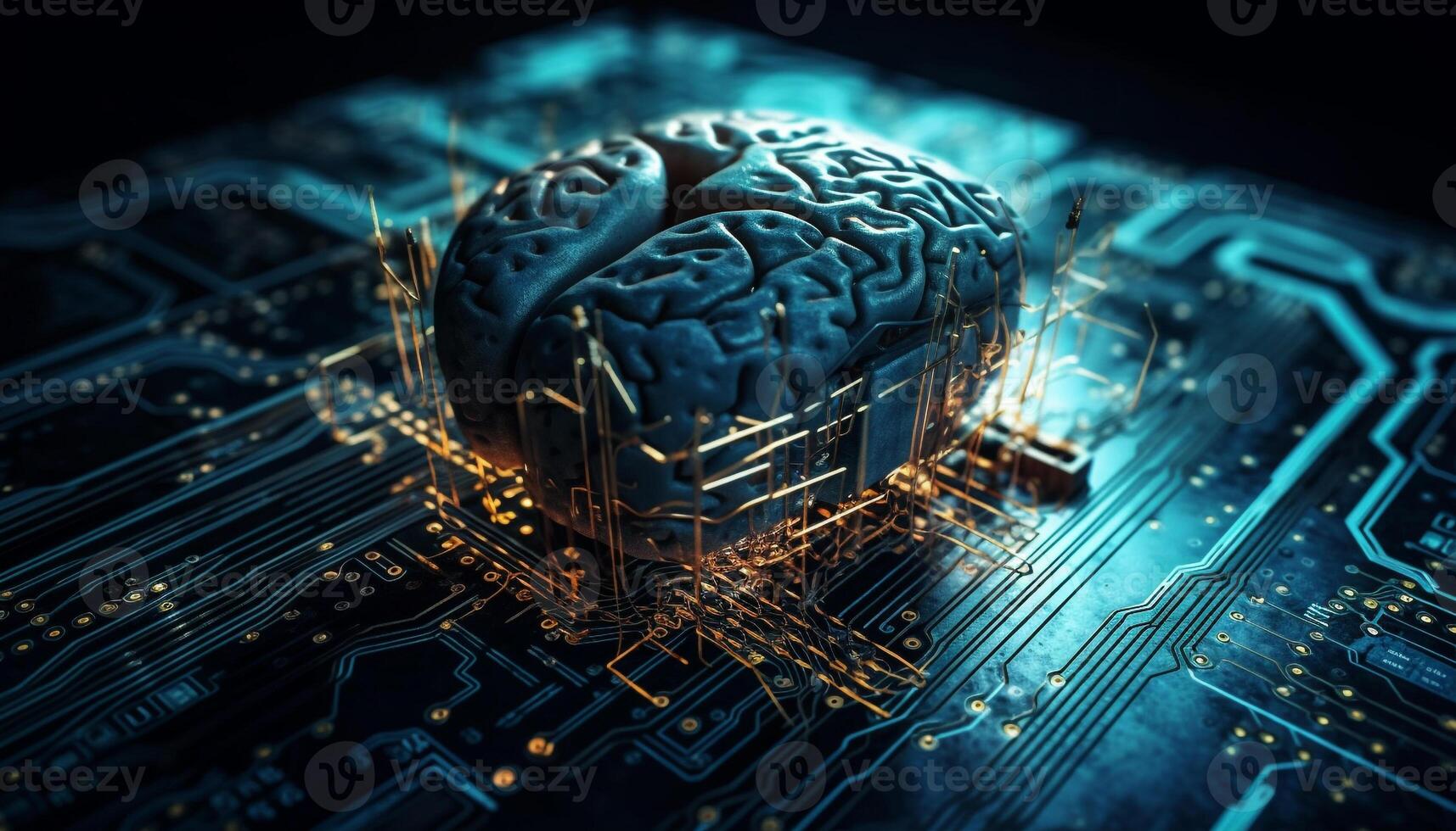 Glowing circuit board, complex cyborg brain design generated by AI photo