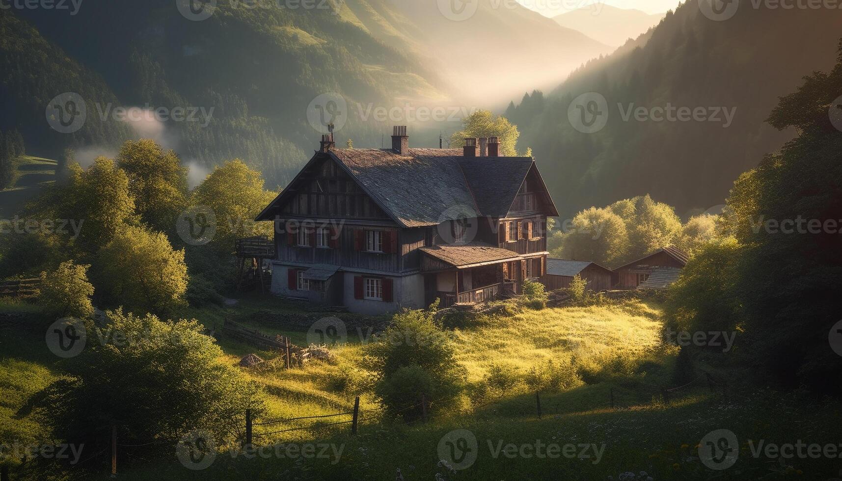 Rustic chapel atop mountain range at sunset generated by AI photo