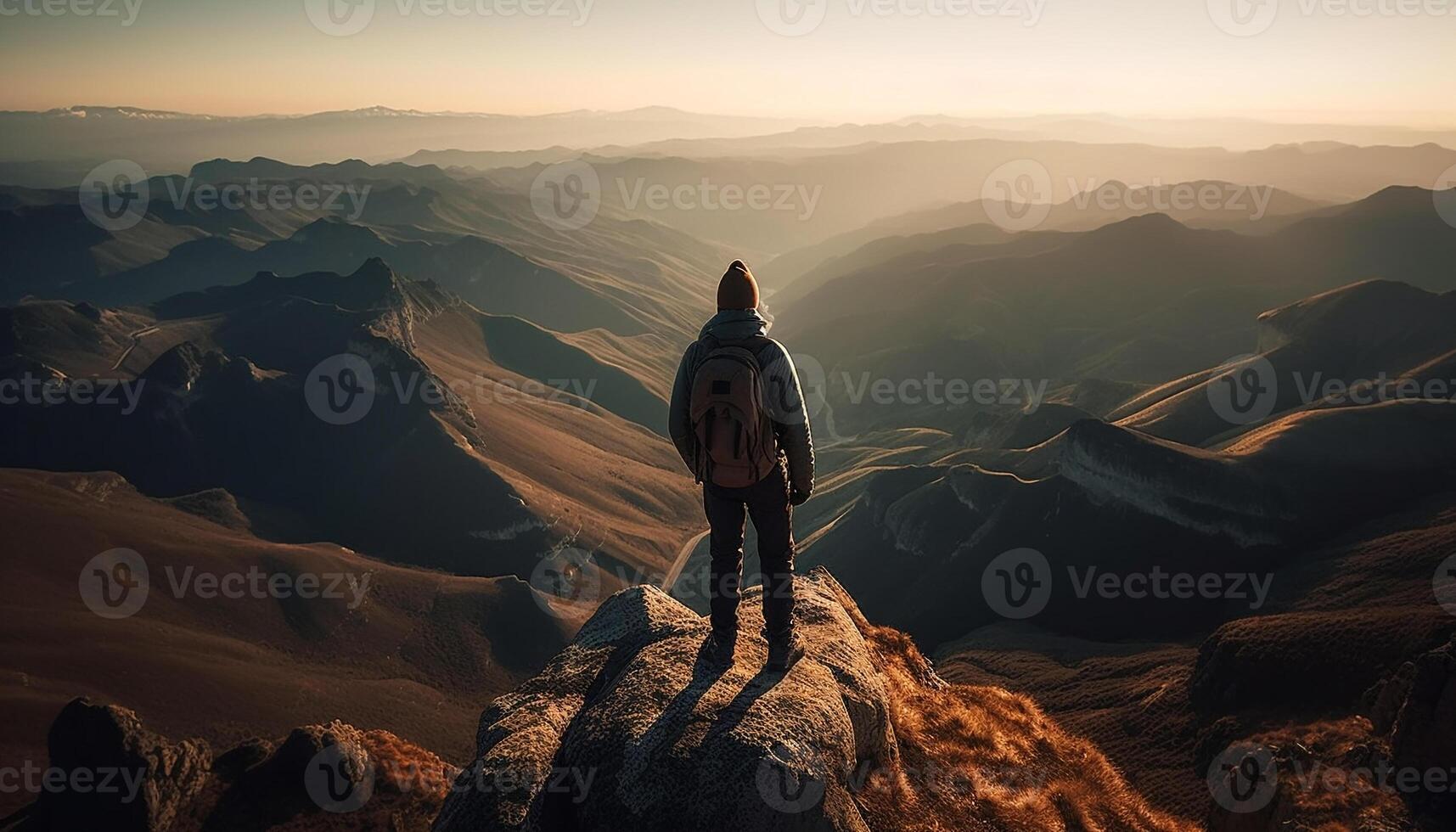 Standing on mountain peak, backpacker achieves success generated by AI photo