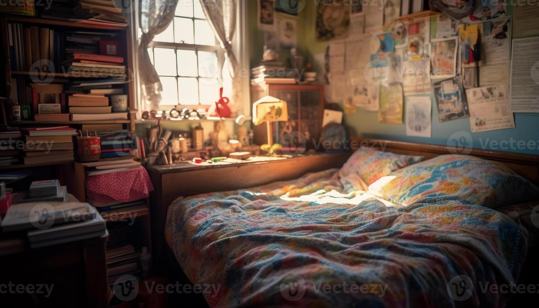 Cozy modern bedroom with messy bedding generated by AI photo