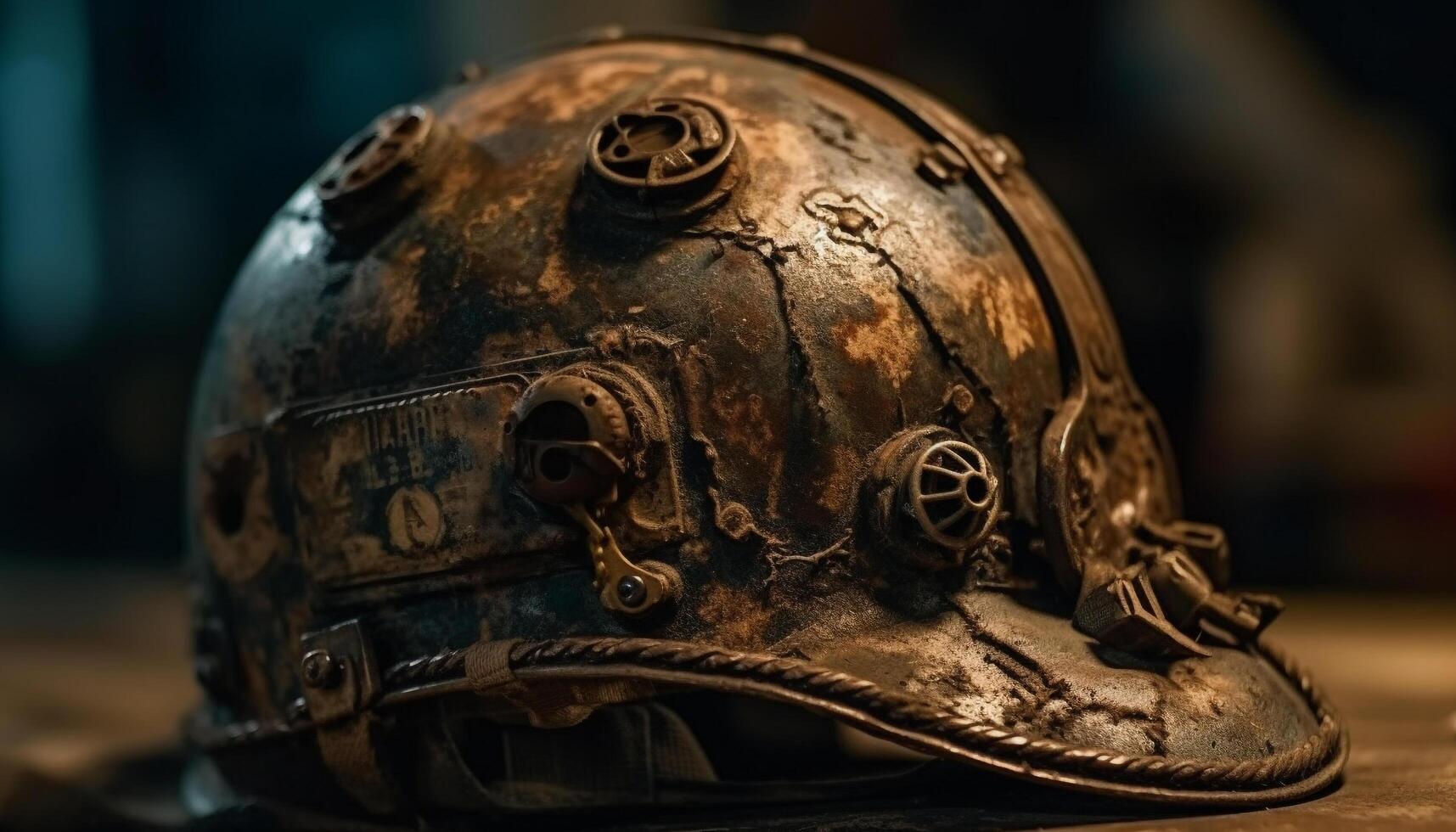 Antique metal helmet, damaged, close up portrait generated by AI photo