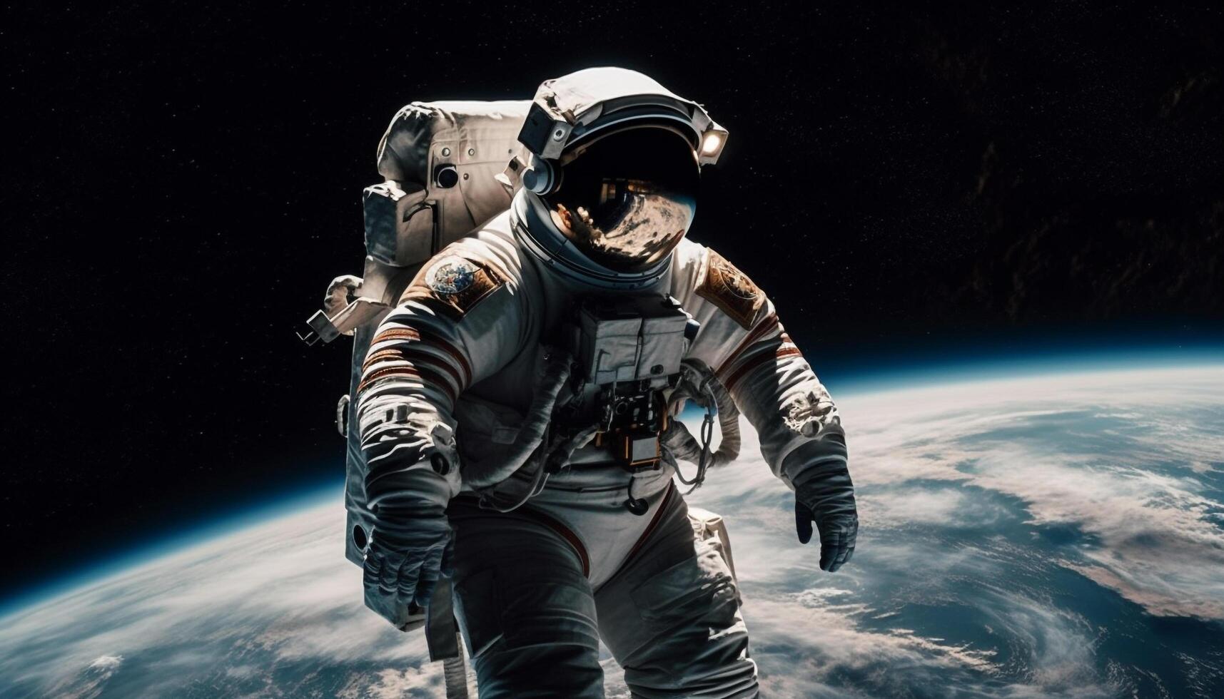 One person in space suit explores galaxy generated by AI photo