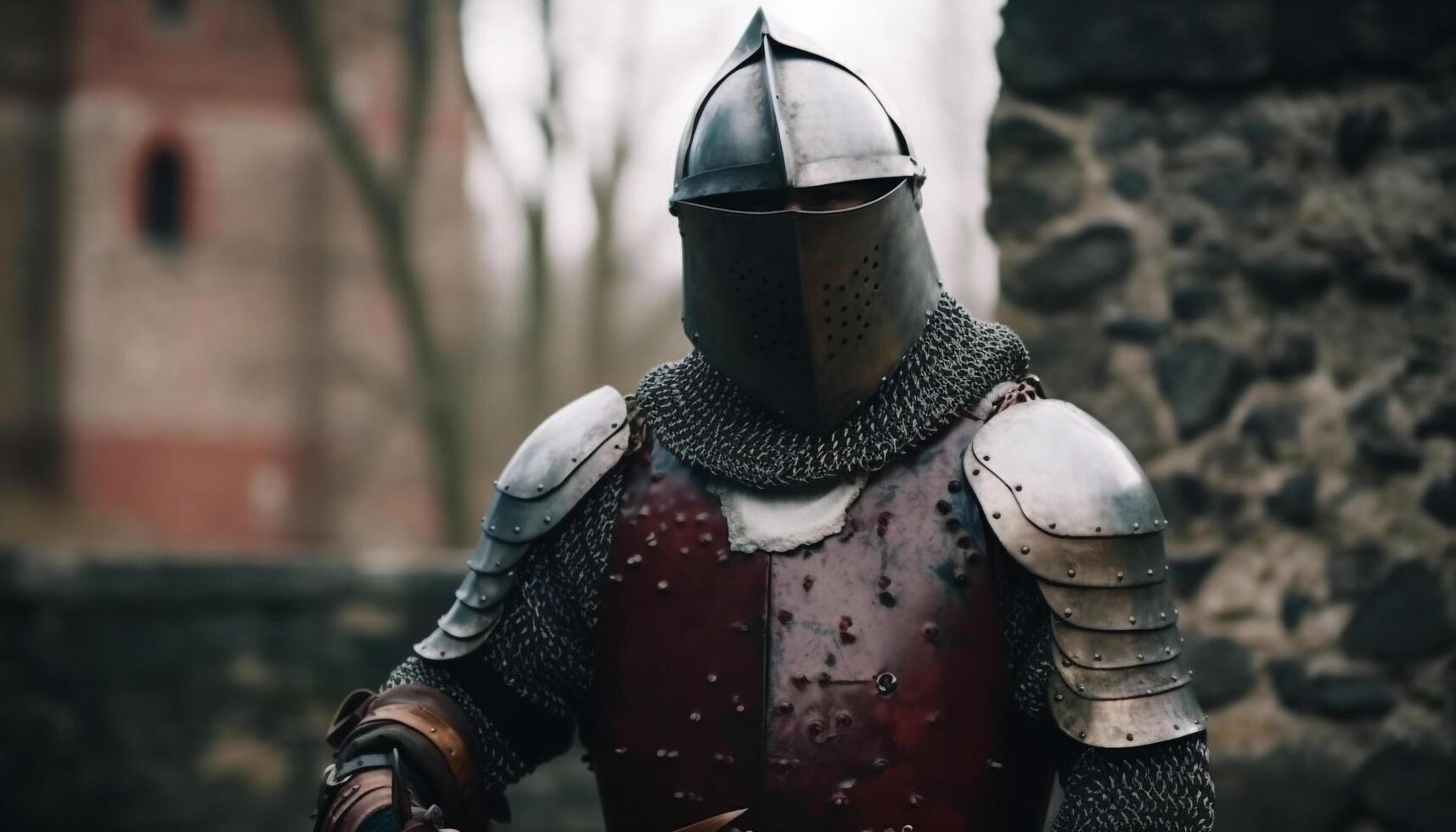 Knight in armor wields sword for battle generated by AI photo