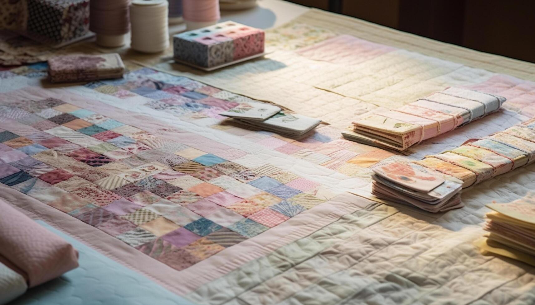 Multi colored patchwork rug adds modern luxury to bedroom generated by AI photo