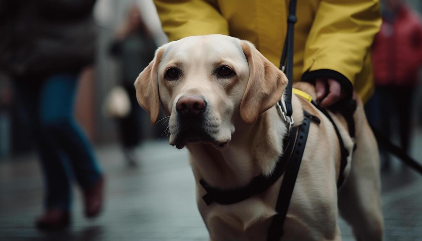 Golden retriever puppy walking with loyal owner outdoors generated by AI photo