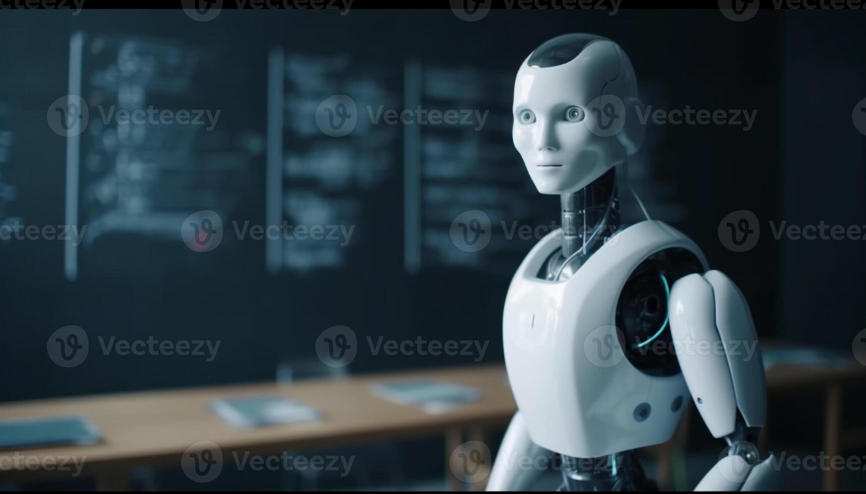 Young adult sitting at futuristic desk, working on computer generated by AI photo