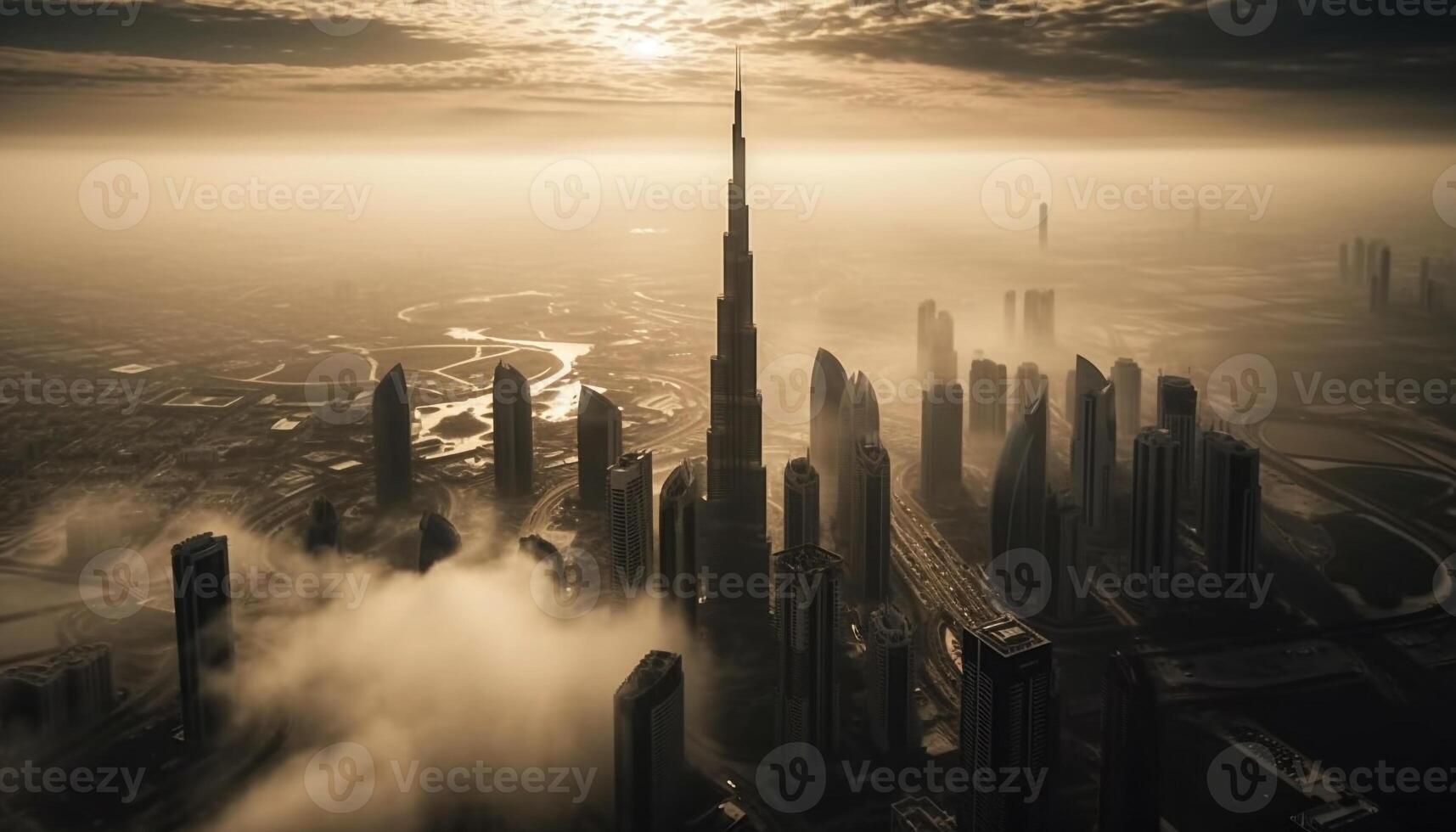 Futuristic skyline reflects in water at dusk generated by AI photo