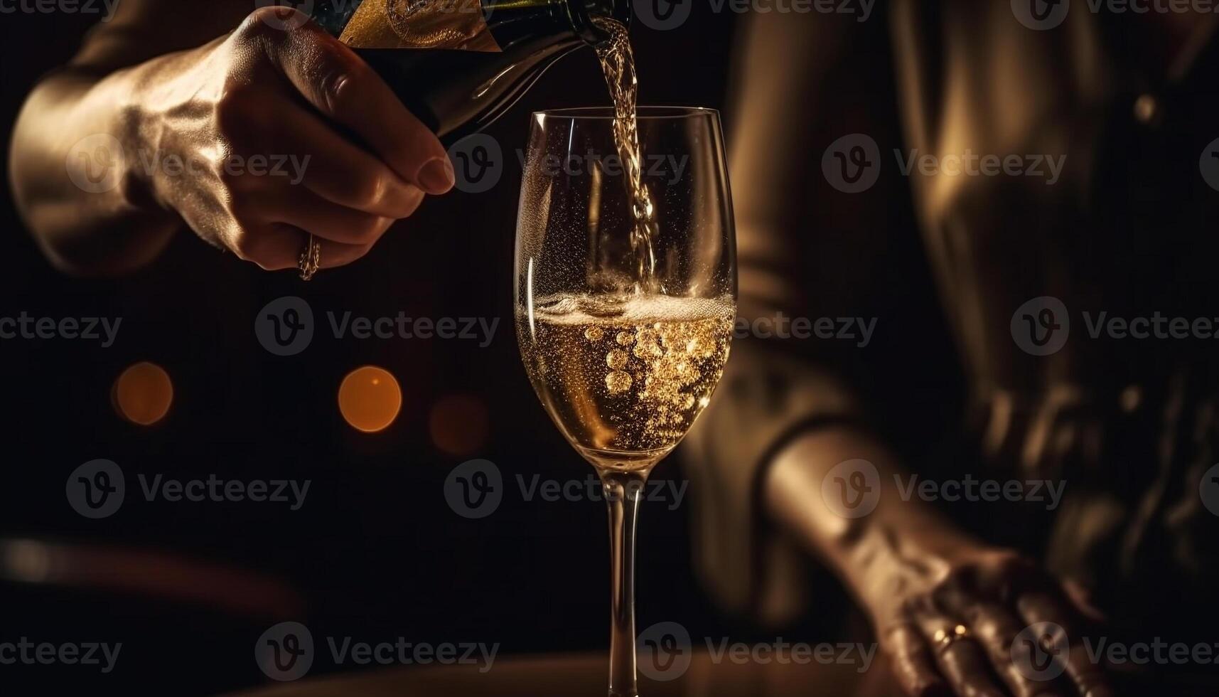 Luxury champagne pouring, hand holding bubbly glass generated by AI photo