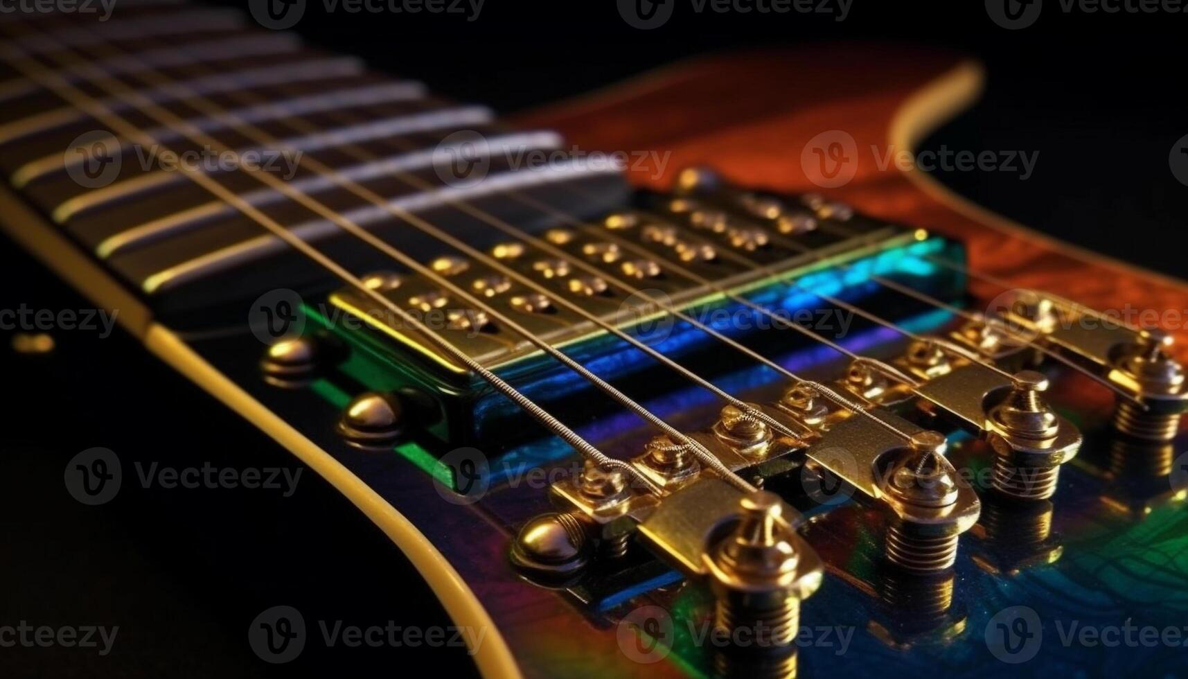 Electric guitar fretboard, wood and metal strings generated by AI photo