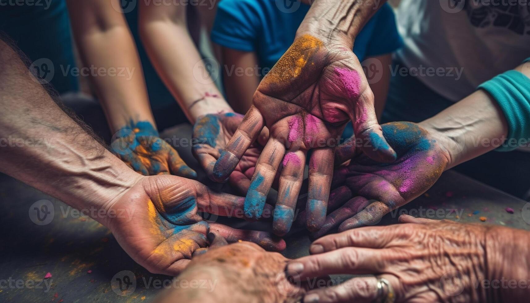 Hands holding wet paint, creating colorful pottery generated by AI photo