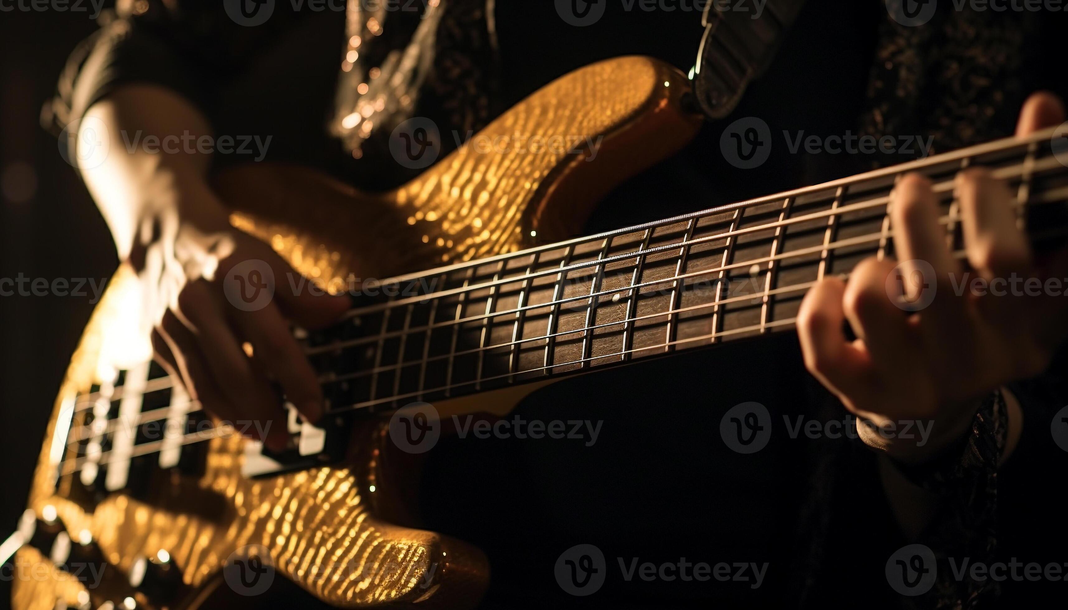 Fingers plucking strings, guitarist rocks the stage generated by AI