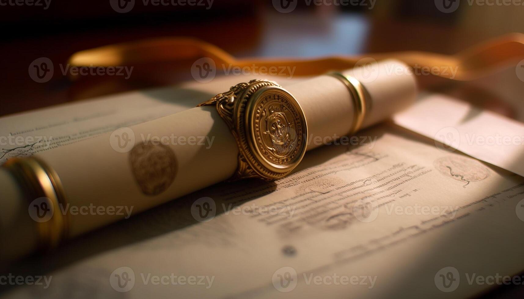 Antique certificate of success, gold colored and rolled up generated by AI photo