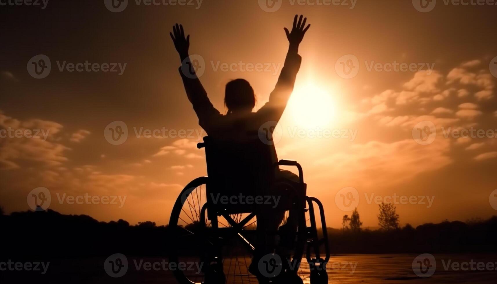 uno persona sentado en silla de ruedas disfrutando puesta de sol generado por ai foto