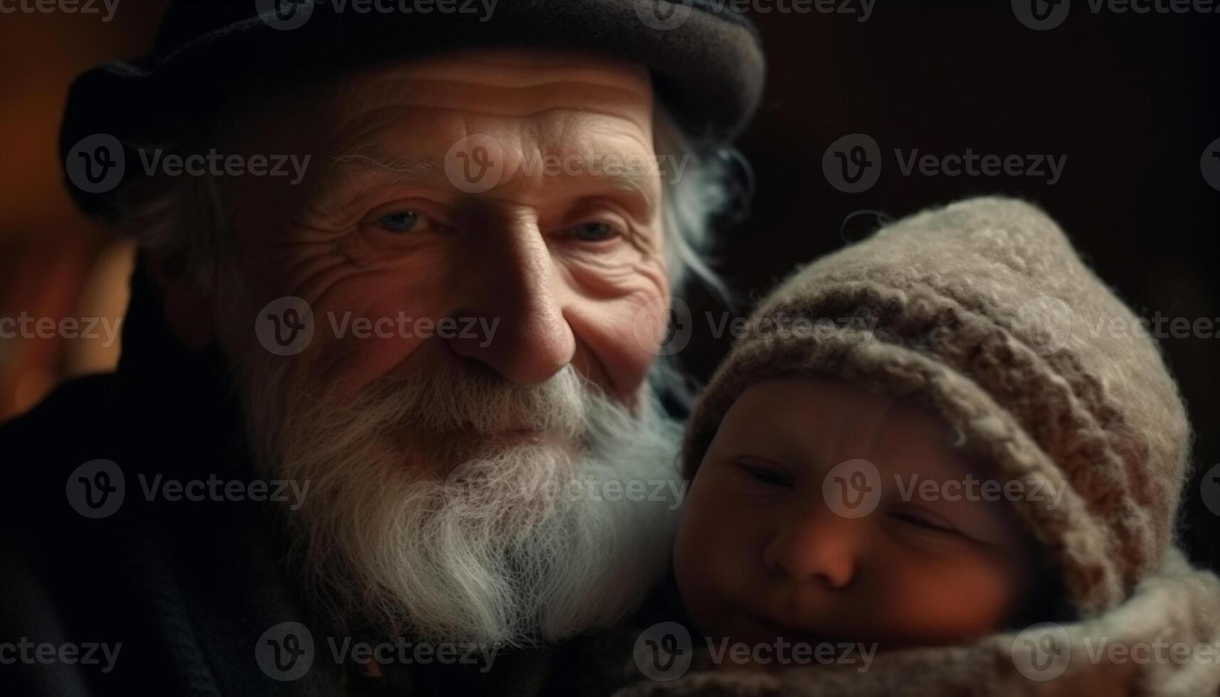 Smiling grandfather holds cute grandson in nature generated by AI photo