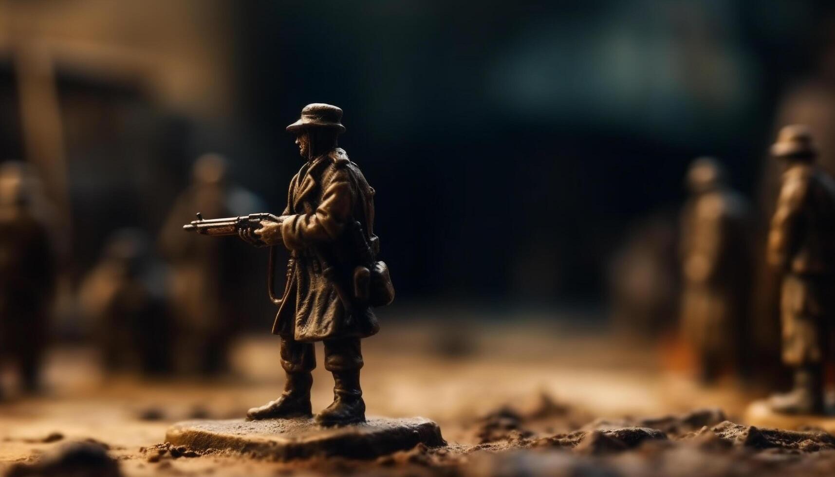 Plastic toy soldier aims rifle on battlefield generated by AI photo