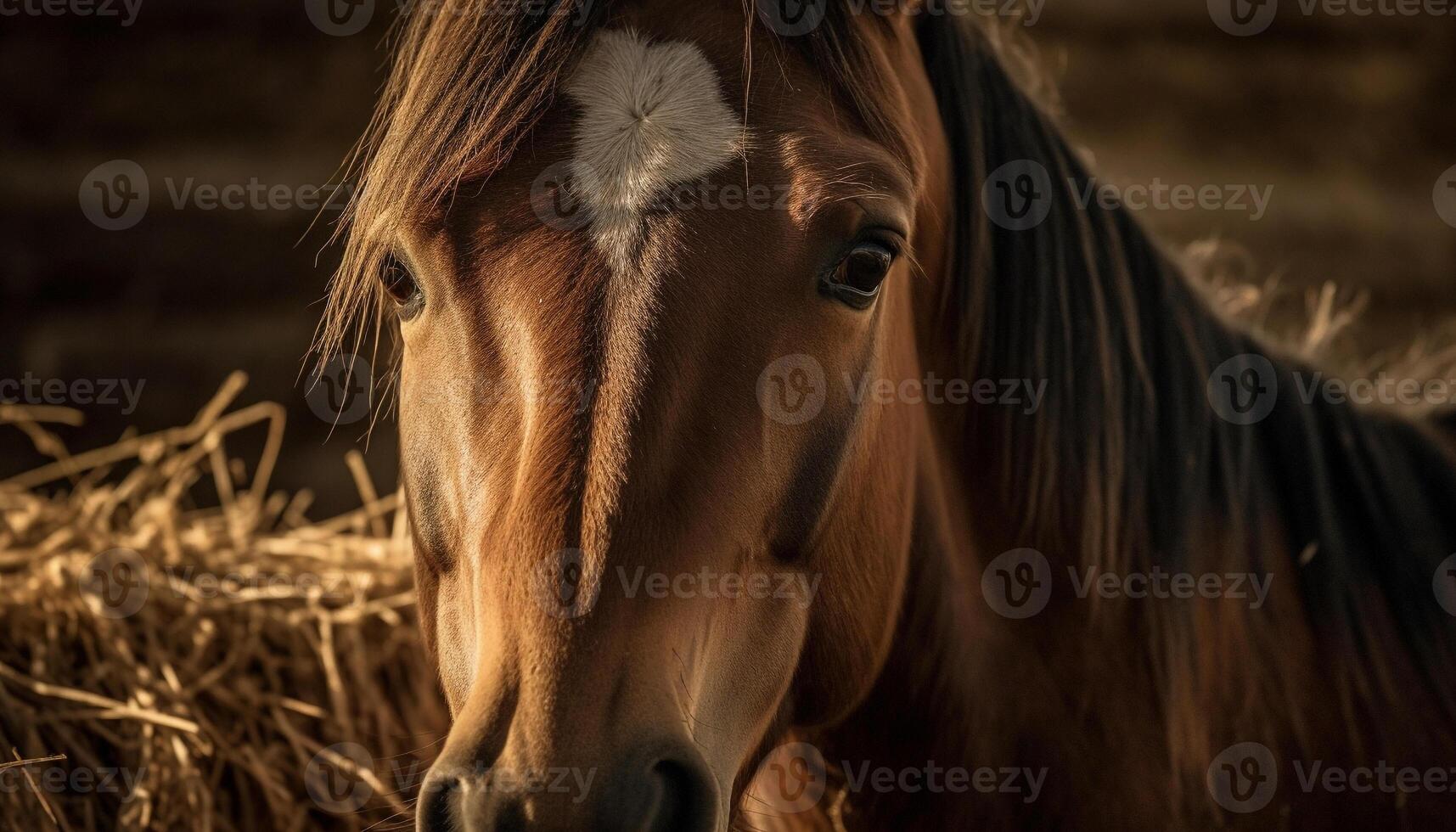 Beautiful bay horse grazing in tranquil meadow generated by AI photo