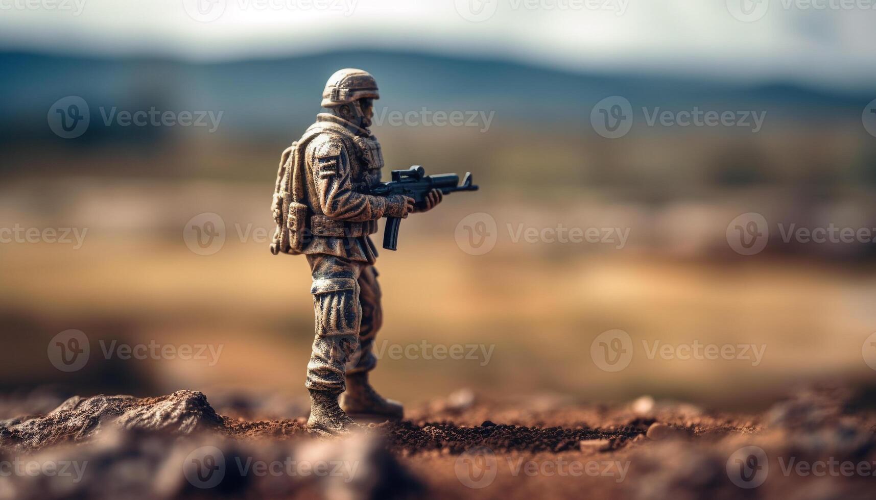 Plastic toy soldier aims rifle on battlefield generated by AI photo