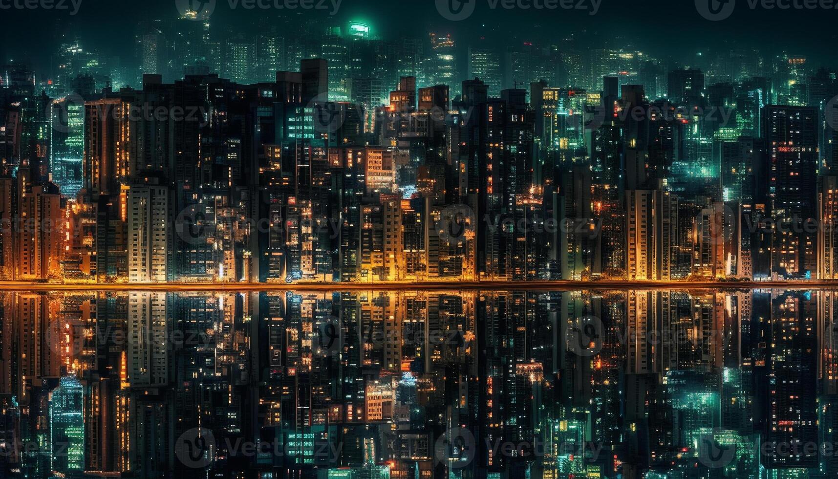 Illuminated skyscrapers reflect on the waterfront at dusk generated by AI photo