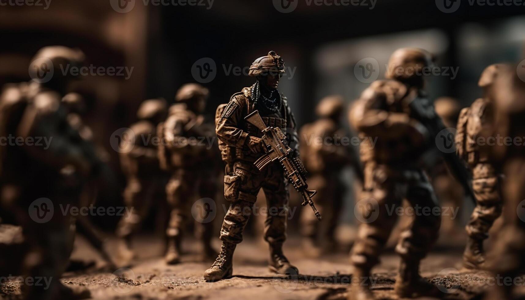 Uniformed men in a row, aiming rifles generated by AI photo