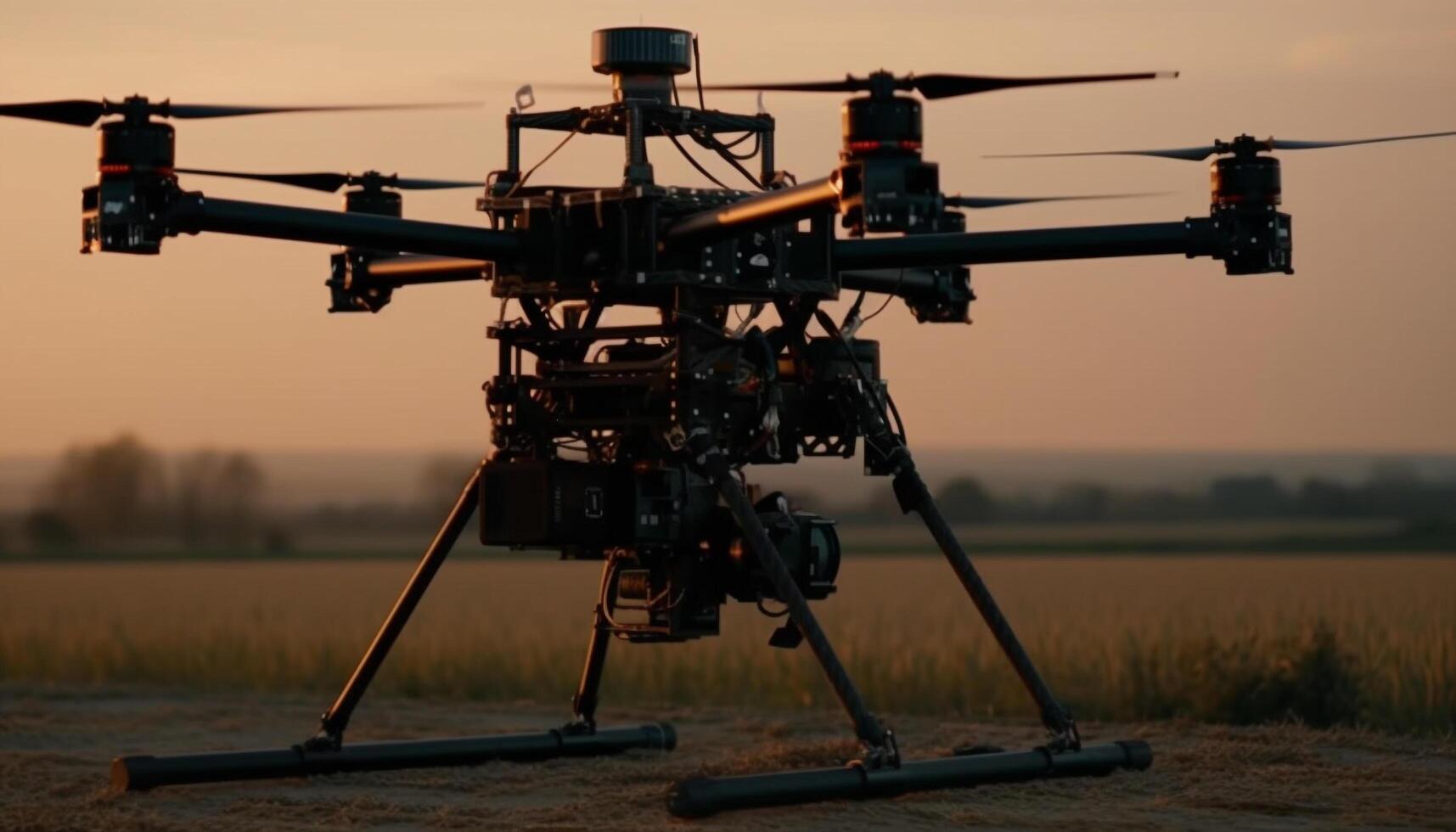 Sunset silhouette drone captures nature beauty mid air generated by AI photo