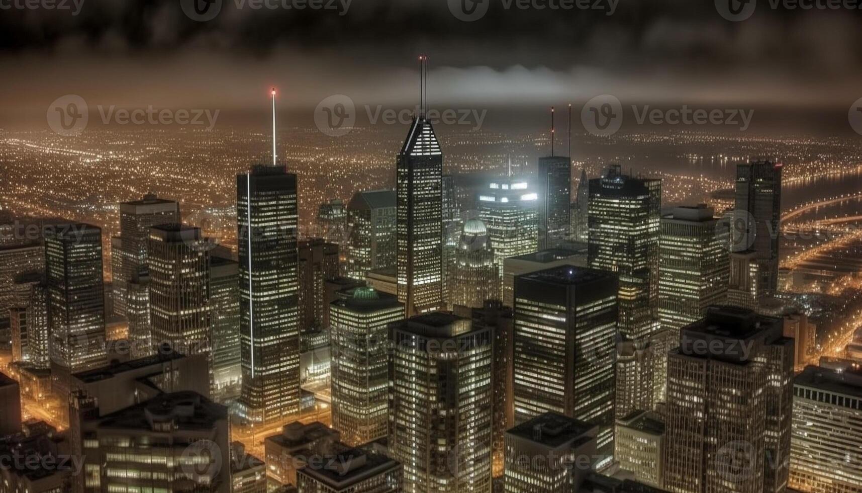 Illuminated skyscrapers reflect on the waterfront at night generated by AI photo