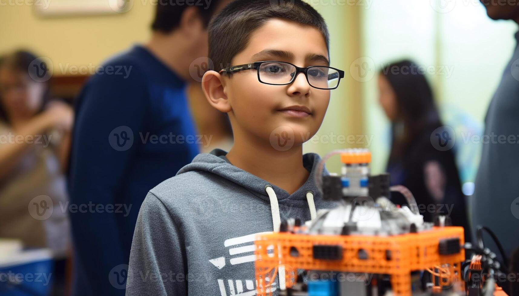 Smiling school children studying science indoors happily generated by AI photo