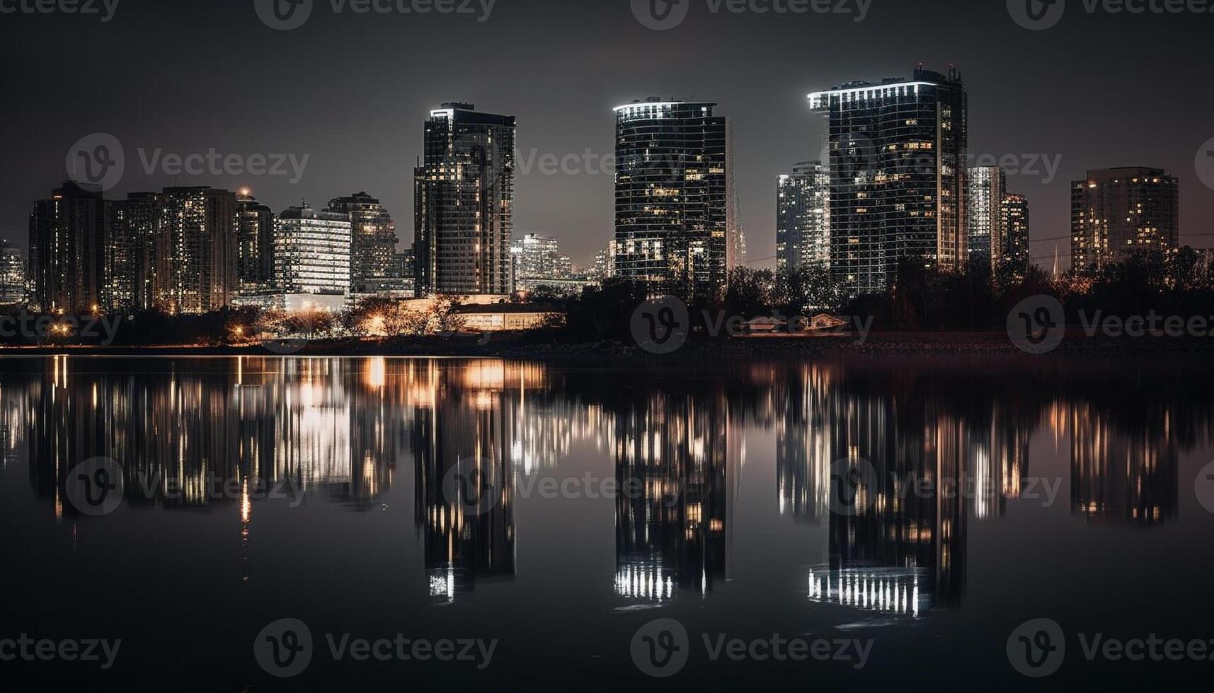 brillante paisaje urbano refleja en tranquilo frente al mar estanque generado por ai foto