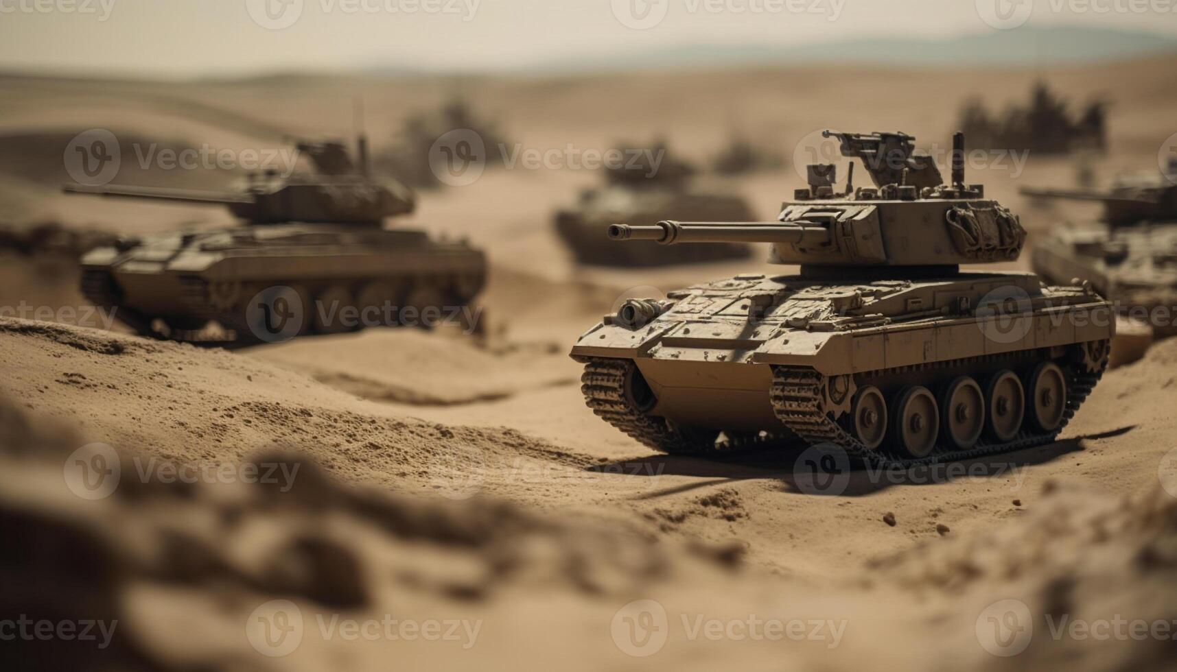 Armored tank on battlefield, heavy machinery in motion generated by AI photo