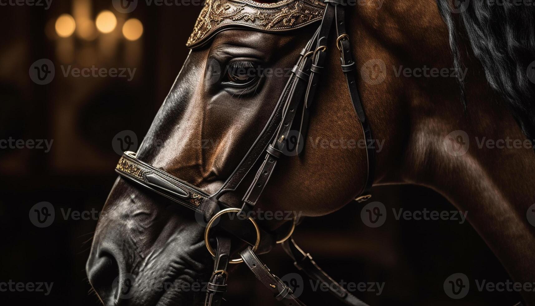 Thoroughbred horse elegant mane shines in darkness generated by AI photo