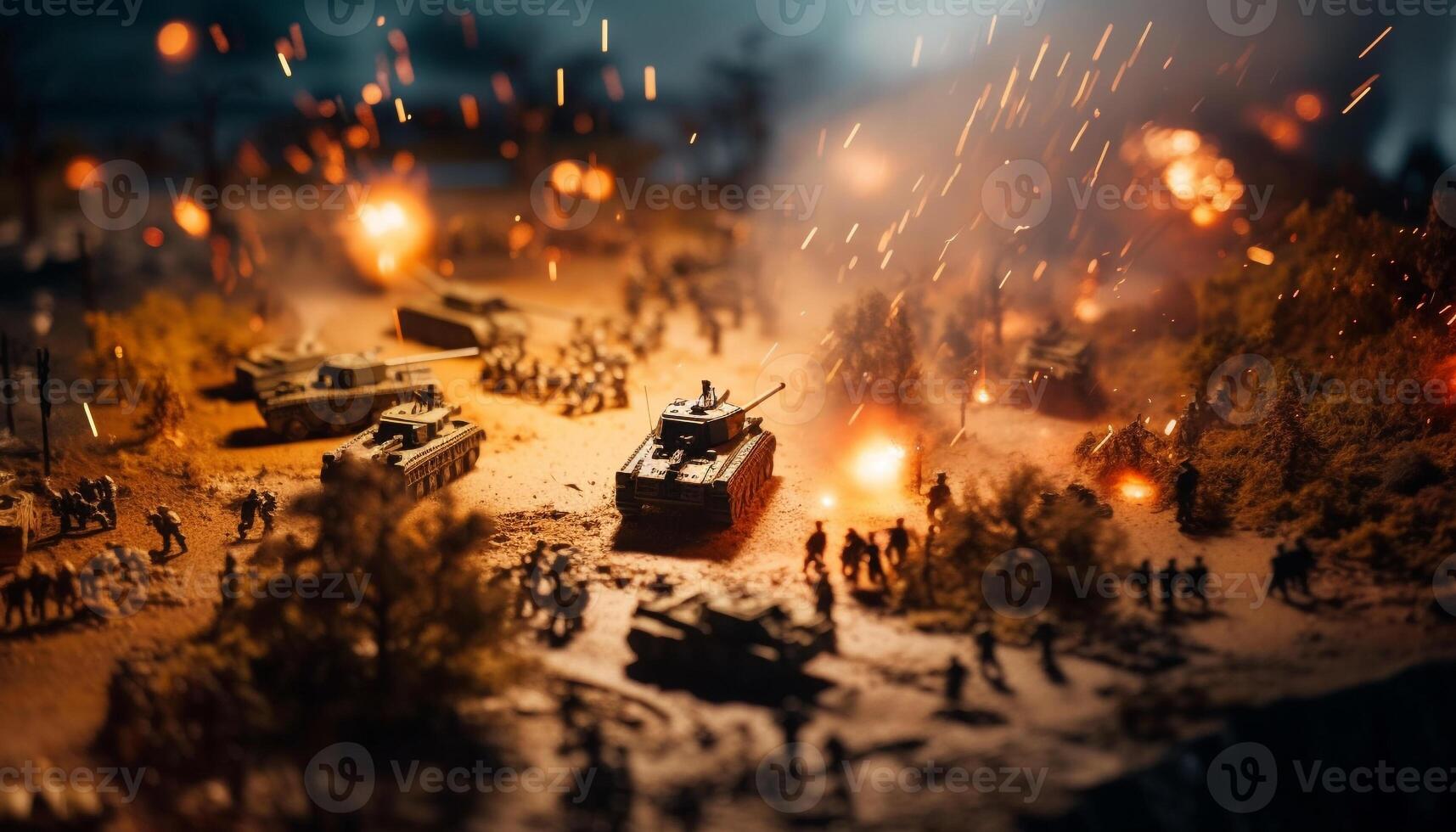 Armed forces battle in the fiery dusk generated by AI photo