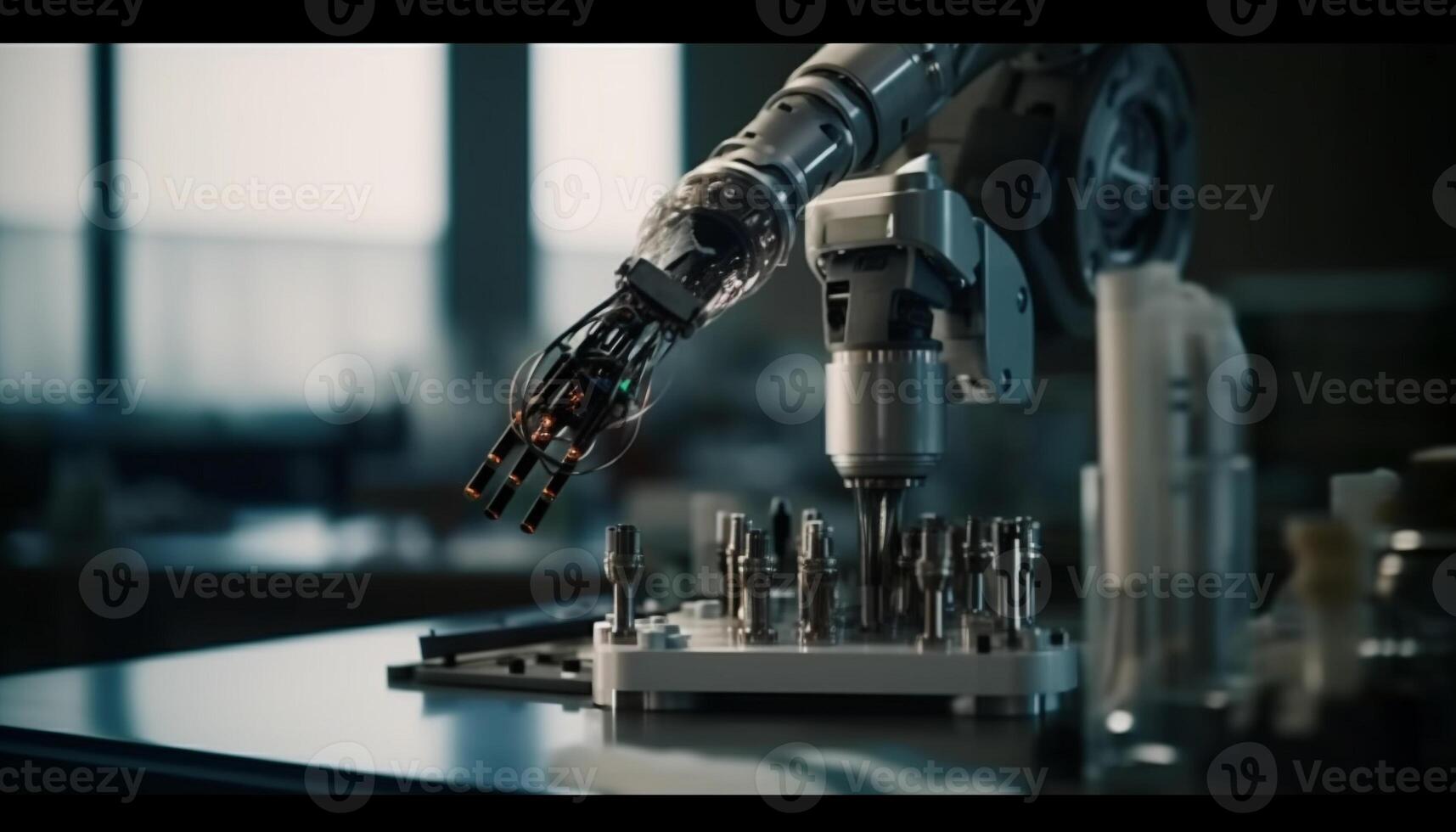 Futuristic robotic arm controls automated steel production generated by AI photo